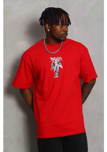 Unisex Oversize Baskılı Bisiklet Yaka T-Shirt - Kırmızı