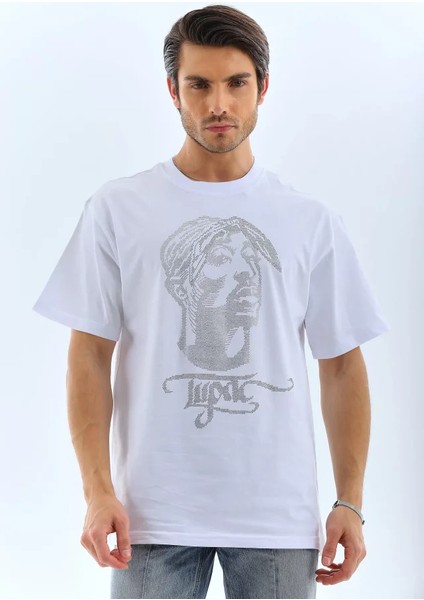Unisex Oversize Taşlı Bisiklet Yaka T-Shirt - Beyaz