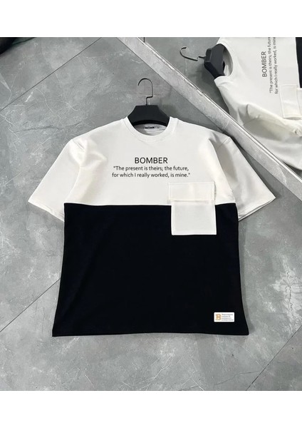 Unisex Torba Cep Detaylı Parçalı T-Shirt - Siyah