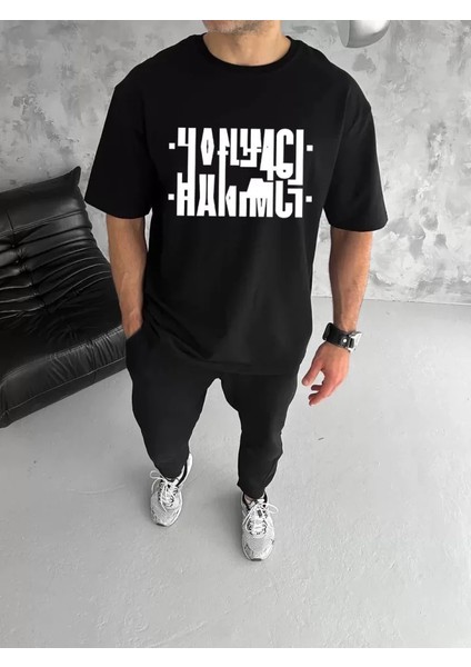 Unisex Bisiklet Yaka Katlanan Baskılı T-Shirt - Siyah