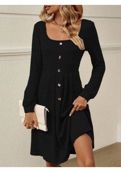 Kadın Uzun Kollu Kare Yaka Düğmeli Kısa Şardonlu Iki Iplik Mini Elbise