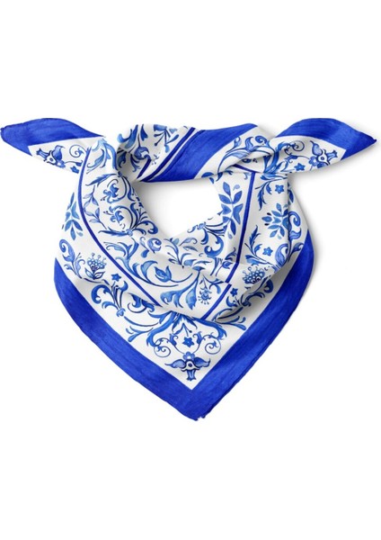 Mavi Beyaz Barok Desenli Fular