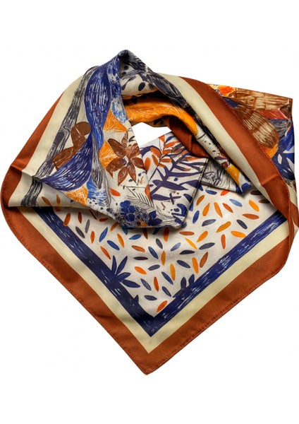 Kahve Kenarlı Mavi-Turuncu Soyut Yaprak Desenli Ipeksi Fular