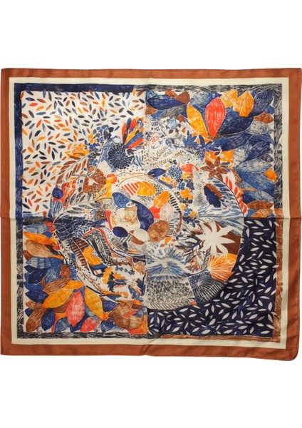 Kahve Kenarlı Mavi-Turuncu Soyut Yaprak Desenli Ipeksi Fular fiyatları