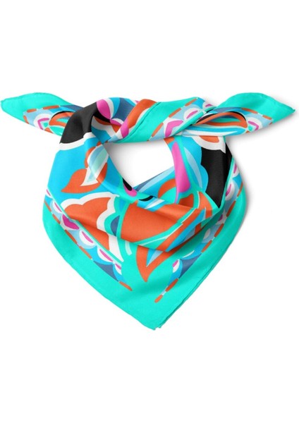 Turkuaz Zeminli Renkli Desenli Fular