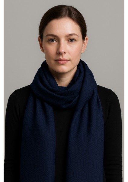 Mavi Jakar Desenli Şal - Parlak Dokulu Şık Şal