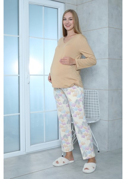 Viskon Desenli Taba Pijama Takımı %100 Pamuk Taba M fiyatları