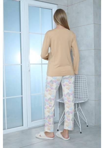 Viskon Desenli Taba Pijama Takımı %100 Pamuk Taba M modelleri