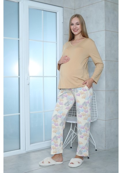 Viskon Desenli Taba Pijama Takımı %100 Pamuk Taba M indirimleri