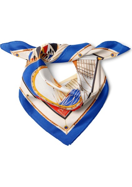 Mavi Kenarlı Yelkenli Desenli Fular