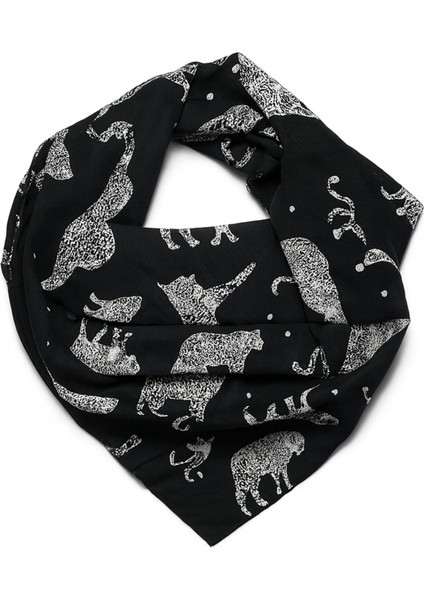 Siyah Zemin Beyaz Leopar Desenli Kare Fular