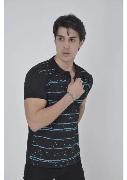 Erkek Yakalı Slim Fit Pike Çizgili T-Shirt - Siyah fiyatları