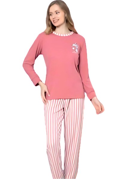 Love Kalp Desenli Pamuk Kadın Pijama Takımı (Pembe) Pembe M