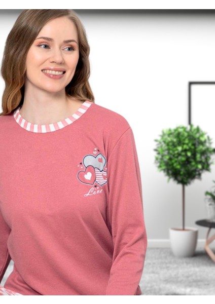 Love Kalp Desenli Pamuk Kadın Pijama Takımı (Pembe) Pembe M fırsatları
