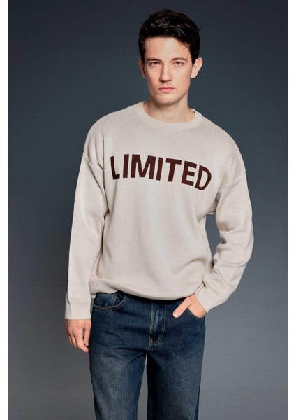 Erkek Oversize Limıted Yazılı Triko Kazak Taş Rengi