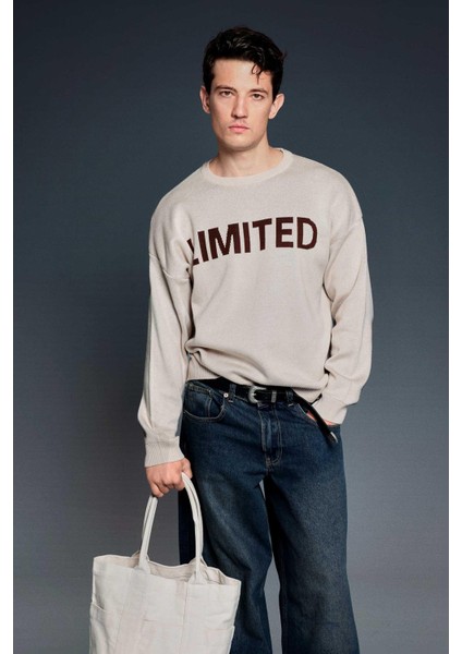 Erkek Oversize Limıted Yazılı Triko Kazak Taş Rengi fiyatları