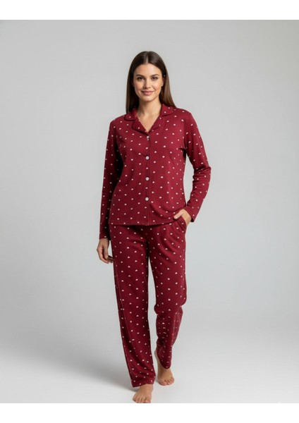 Kadın Pamuklu Süet Minik Kalp Desenli Pijama Takımı (Kırmızı) Kır