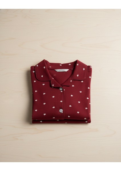 Kadın Pamuklu Süet Minik Kalp Desenli Pijama Takımı (Kırmızı) Kır fırsatları