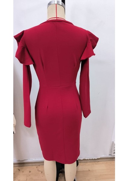 Kadın Uzun Kollu V Yakalı Yandan Yırtmaçlı Midi Ithal Krep Elbise fırsatları