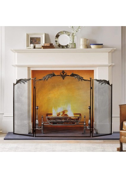 Metal Antik Gold Katlanabilir 3 Panel Şömine Siperlik 128X82 cm Kıvılcım Önleyici - Ateş Kalkanı