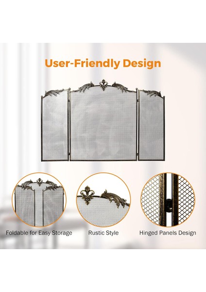 Metal Antik Gold Katlanabilir 3 Panel Şömine Siperlik 128X82 cm Kıvılcım Önleyici - Ateş Kalkanı indirimleri