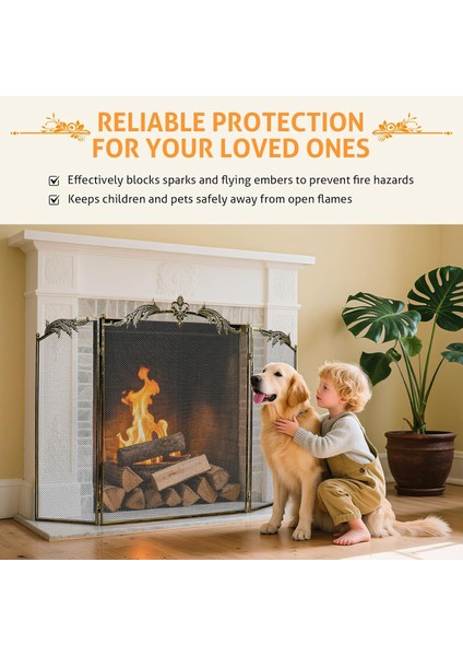 Metal Antik Gold Katlanabilir 3 Panel Şömine Siperlik 128X82 cm Kıvılcım Önleyici - Ateş Kalkanı