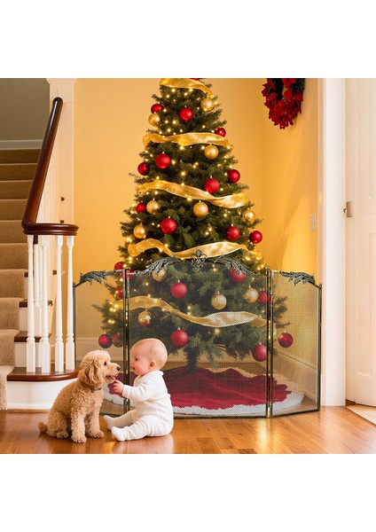 Metal Antik Gold Katlanabilir 3 Panel Şömine Siperlik 128X82 cm Kıvılcım Önleyici - Ateş Kalkanı