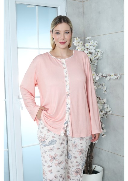 Viskon Büyük Beden Desenli Melisa Turuncu Pijama Takımı %100 Pamu