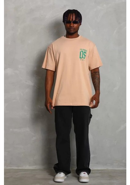 Unisex Oversize Baskılı Bisiklet Yaka T-Shirt - Bej