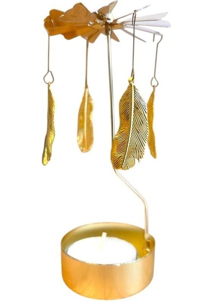 Isı ile Dönen Metal Mumluk – Tüy Motifli, 13 cm Yükseklik, Dekoratif Masa Üstü