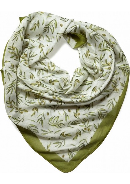 Zeytin Dalı Desenli Yeşil Kenarlı Kare Fular