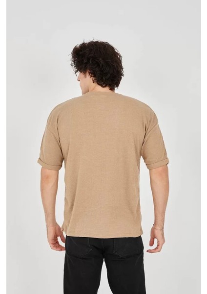 Unisex Jakar Kumaş Rahat Kol T-Shirt - Kahverengi modelleri