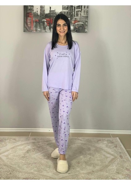 Kadın Pamuklu Viscon Çiçek Desenli Pijama Takımı (Lila) Mor XL fiyatları