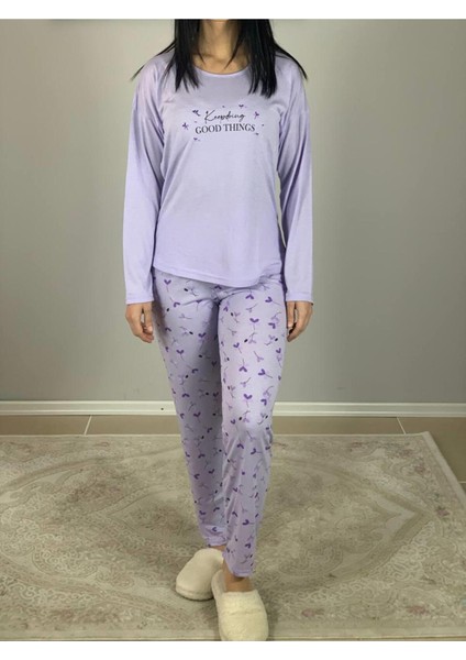 Kadın Pamuklu Viscon Çiçek Desenli Pijama Takımı (Lila) Mor XL fırsatları