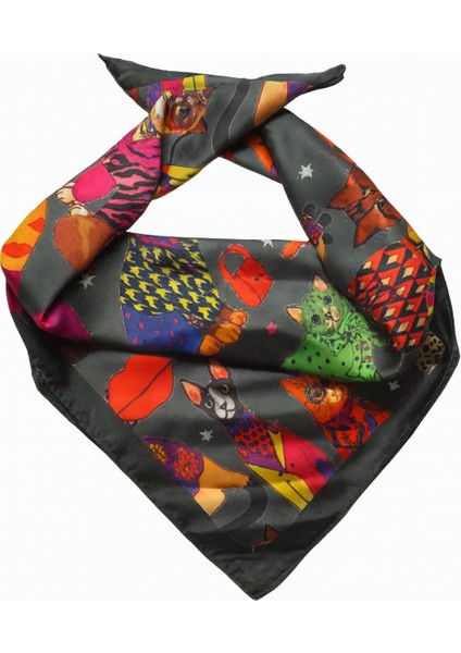 Renkli Kedi Desenli Kadın Fular