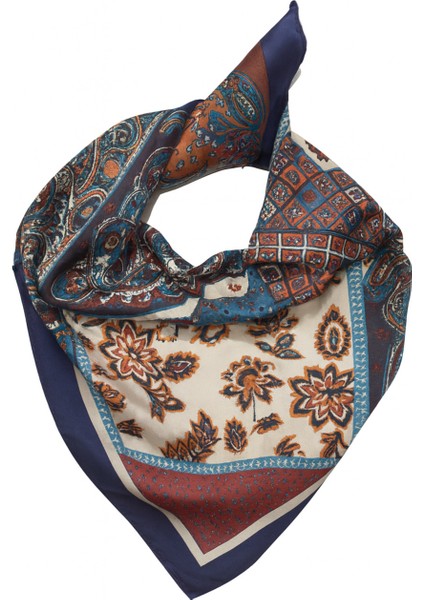 Kahverengi ve Mavi Patchwork Desenli Kadın Fular