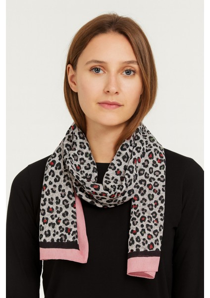 Pembe Kenarlı Leopar Desenli Şal