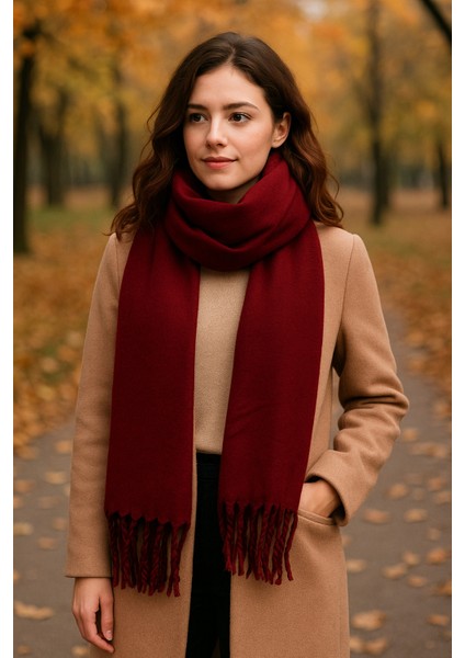 Kadın Bordo Püsküllü Soft Dokulu Klasik Şal