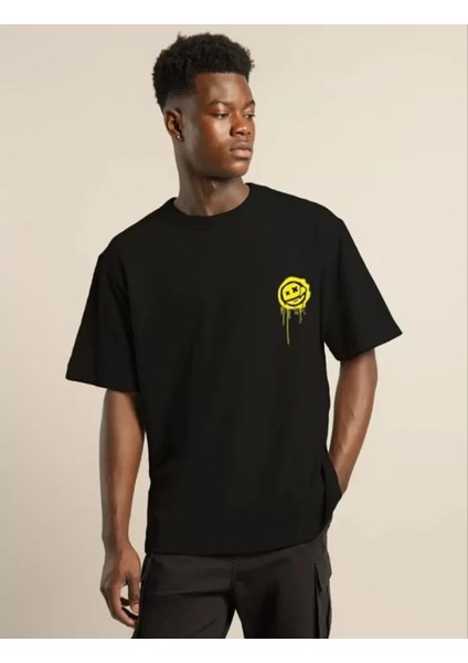 Unisex Bisiklet Yaka Baskılı Oversize T-Shirt - Siyah