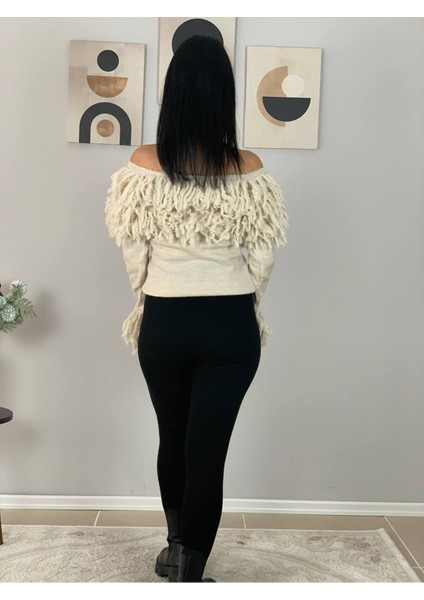 Kadın Püsküllü Madonna Yaka Triko Kazak Krem Standart fırsatları
