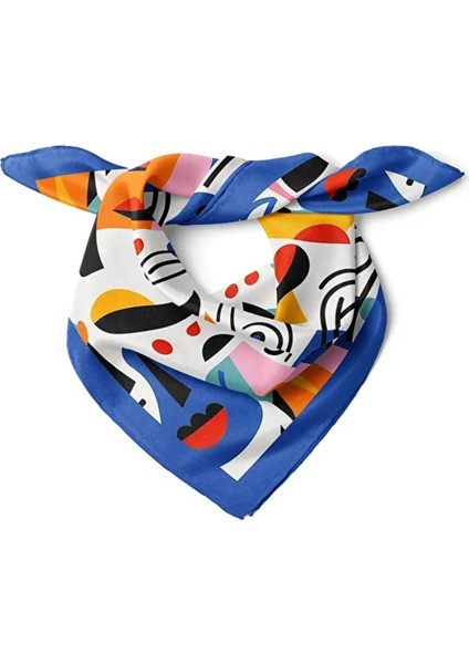 Abstract Art Desenli Mavi Saten Fular