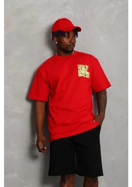 Unisex Oversize Baskılı Bisiklet Yaka T-Shirt - Kırmızı