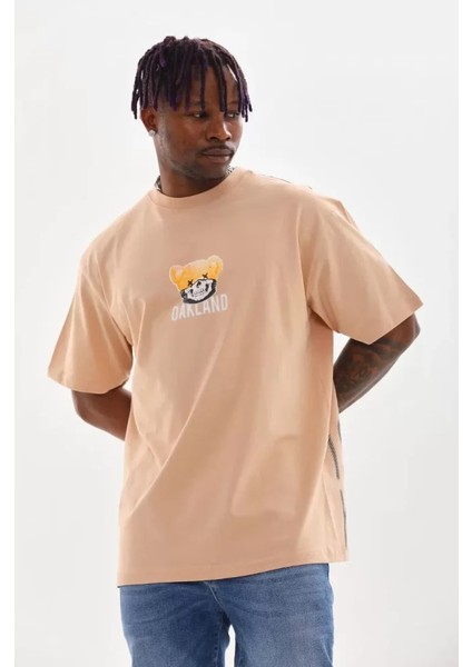Unisex Baskılı Oversize T-Shirt - Bej