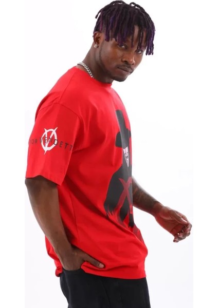 Unisex Oversize Baskılı Bisiklet Yaka T-Shirt - Kırmızı