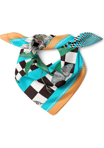 Turkuaz Kare Desenli Tropik Çiçekli Fular