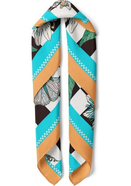 Turkuaz Kare Desenli Tropik Çiçekli Fular fiyatları