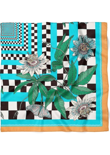 Turkuaz Kare Desenli Tropik Çiçekli Fular modelleri