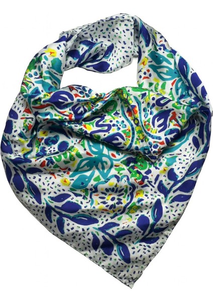Mavi Yeşil Çiçek Desenli Ipeksi Fular