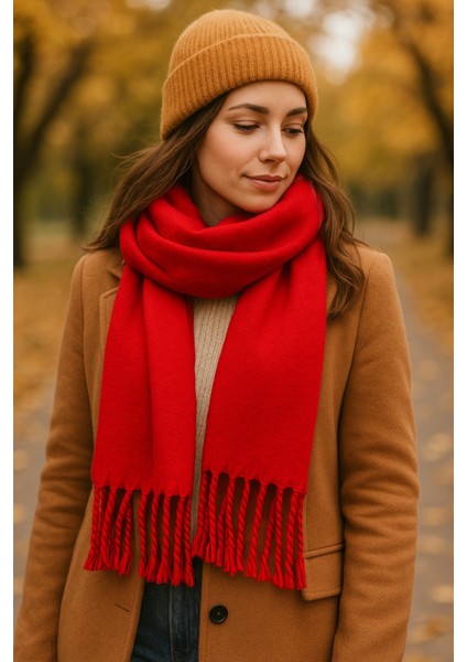 Kadın Kırmızı Püsküllü Yumuşak Dokulu Şal