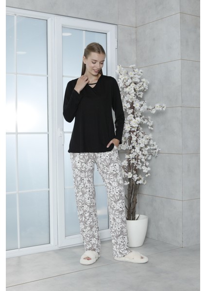 Viskon Büyük Beden Desenli Melisa Siyah Pijama Takımı %100 Pamuk modelleri